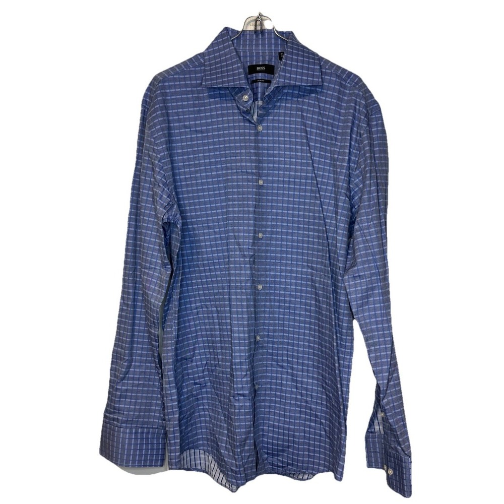 Boss Men's Dress Shirt Slim Fit Check Long Sleeve Button Up Cotton Blue 41/16